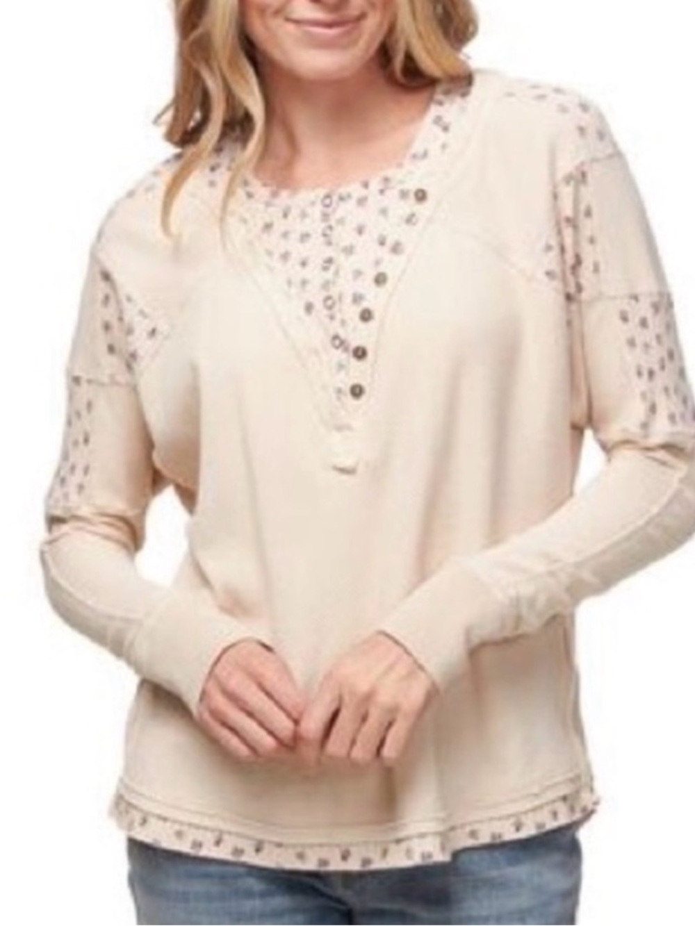 Free People Heart to Heart” Henley Thermal Floral Cream  Long Sleeve Top Waffle